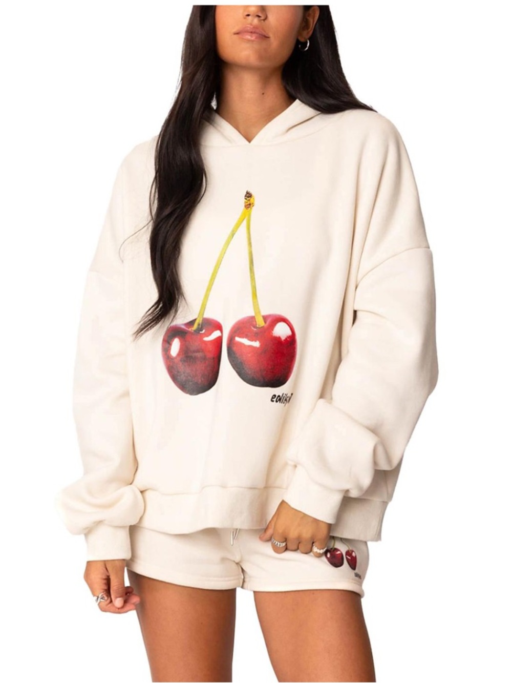 Edikted Mon Cheri Cream Cherry Graphic Hoodie